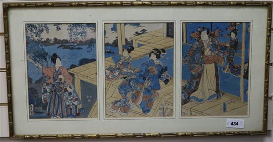 A Japanese triptych woodblock print on crepe paper, each paper 27 x 19cm